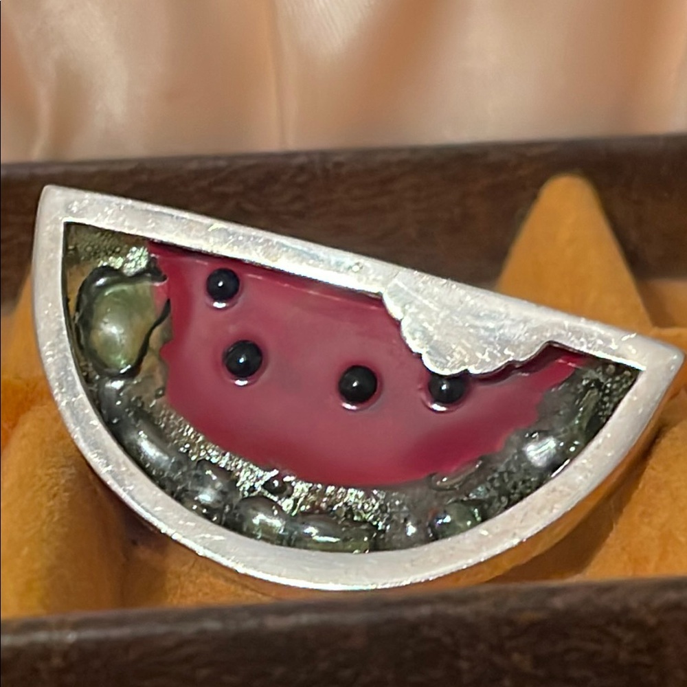 Vintage Artisan Signed Sterling Silver 925 Fused Glass Watermelon Brooch